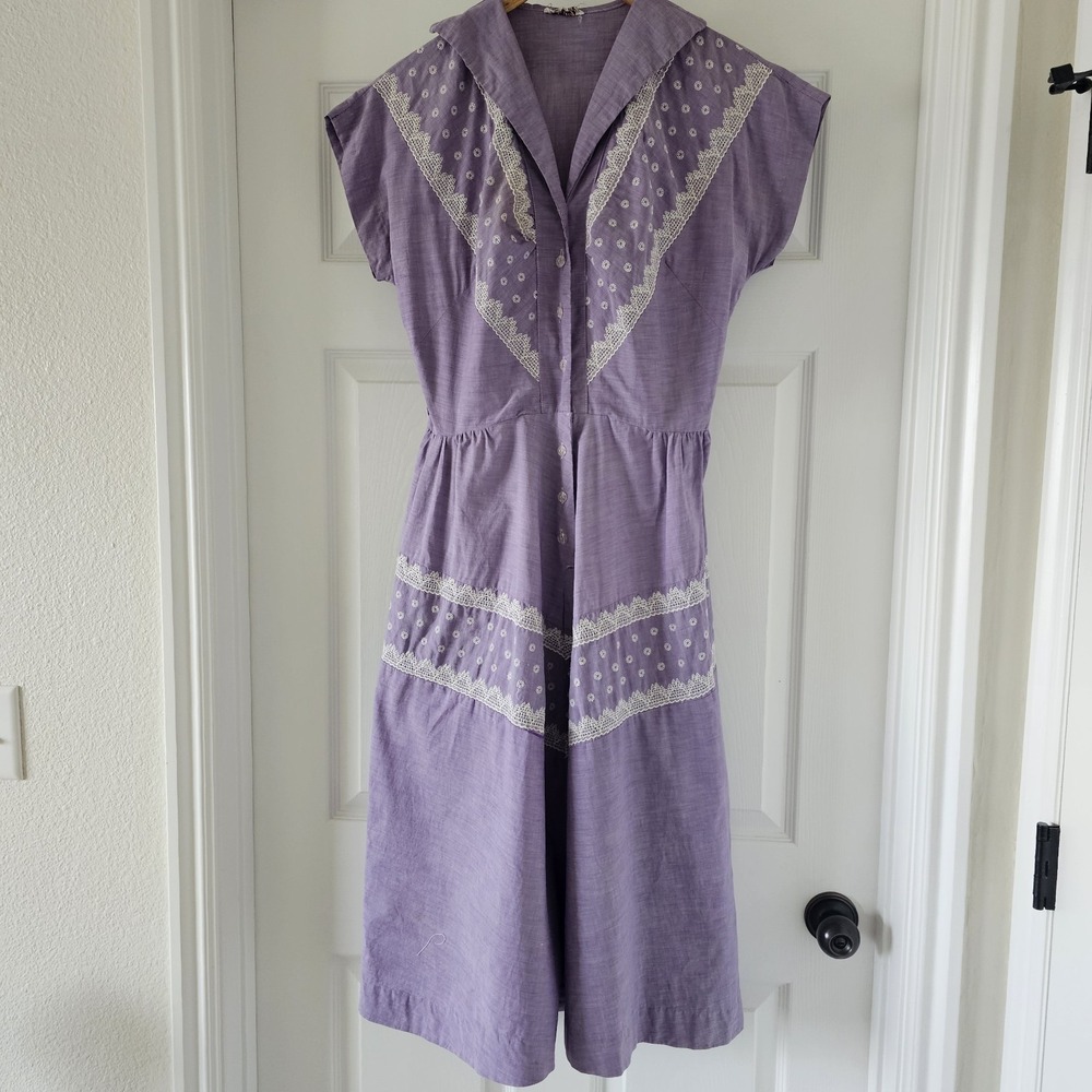 1940s 1950s Vintage Lavender Purple Sundress Lace VNeck ALine Midi Dress #66